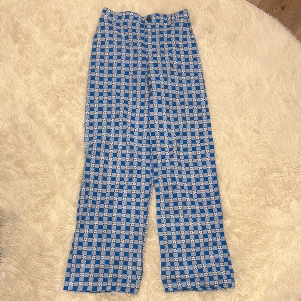 Wild Fable Blue Checkered Print Floral Elastic Waist Wide Leg Pants Size XS